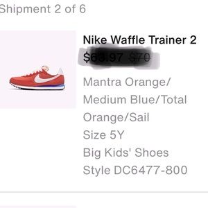 Nike waffle trainer 2 gs. Mantra orange / medium blue big kids sz 5